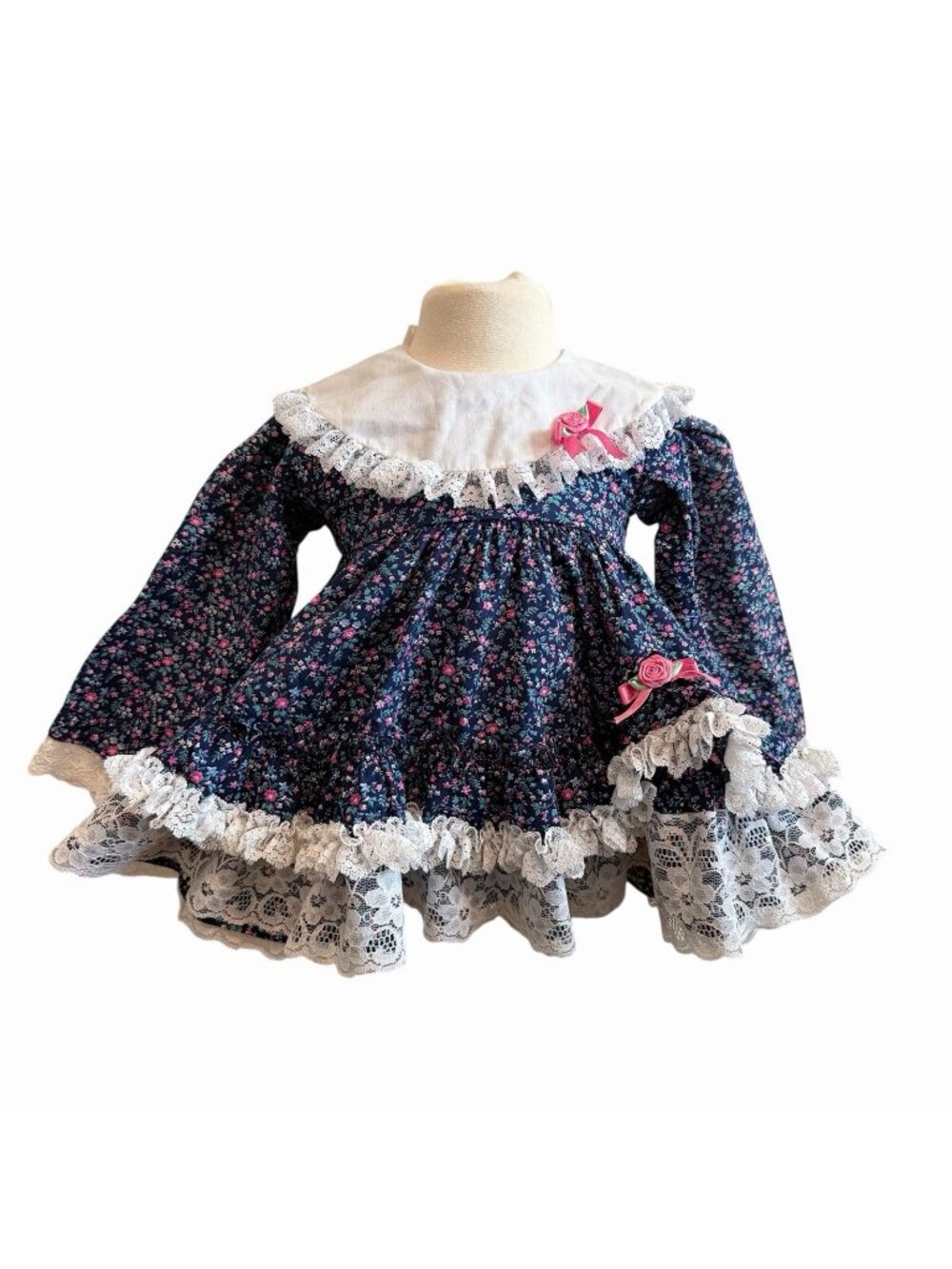 Vintage Ditsy Floral Large Lace Collar Prairie Circle Dress Blue Cottage 12-18M